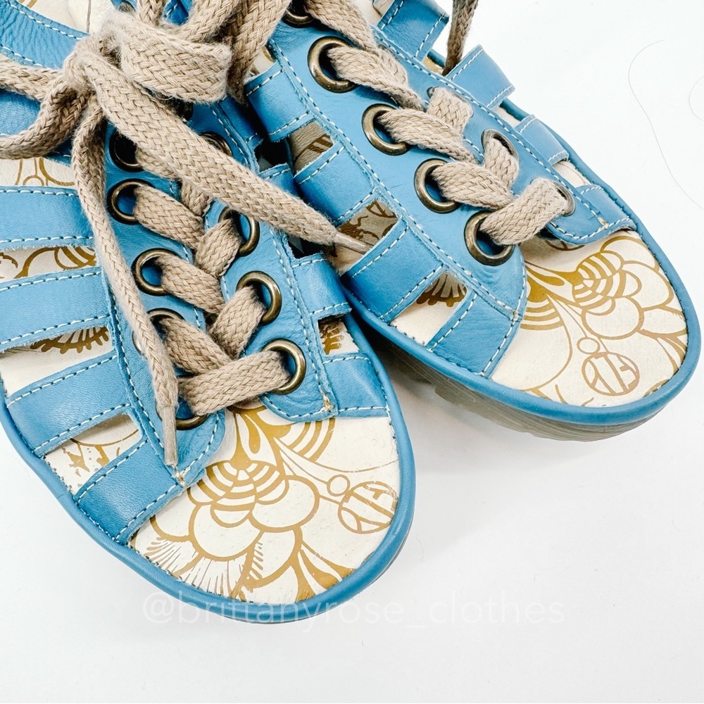 Fly London Blue and Tan Wedge Sandals - Picture 6 of 7